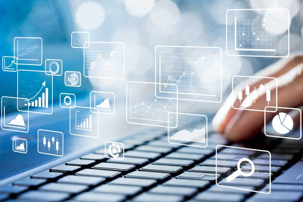 a keyboard with icons representing digital advertising