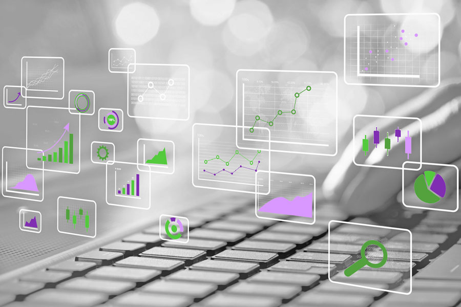 a keyboard with graphics that represent marketing consulting and marketing analytics